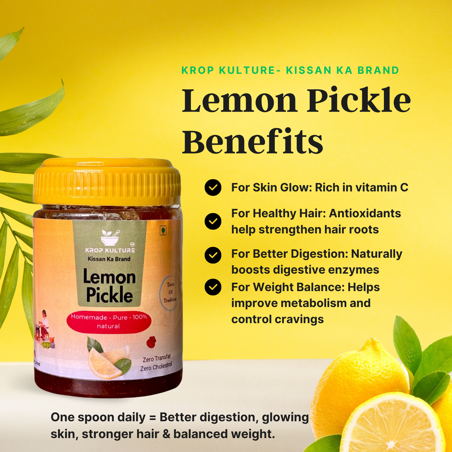Krop Kulture Organic Lemon Pickle Healthy and Tasty Nimbu Achar 250gm (Pack Of 2 = 500gm)