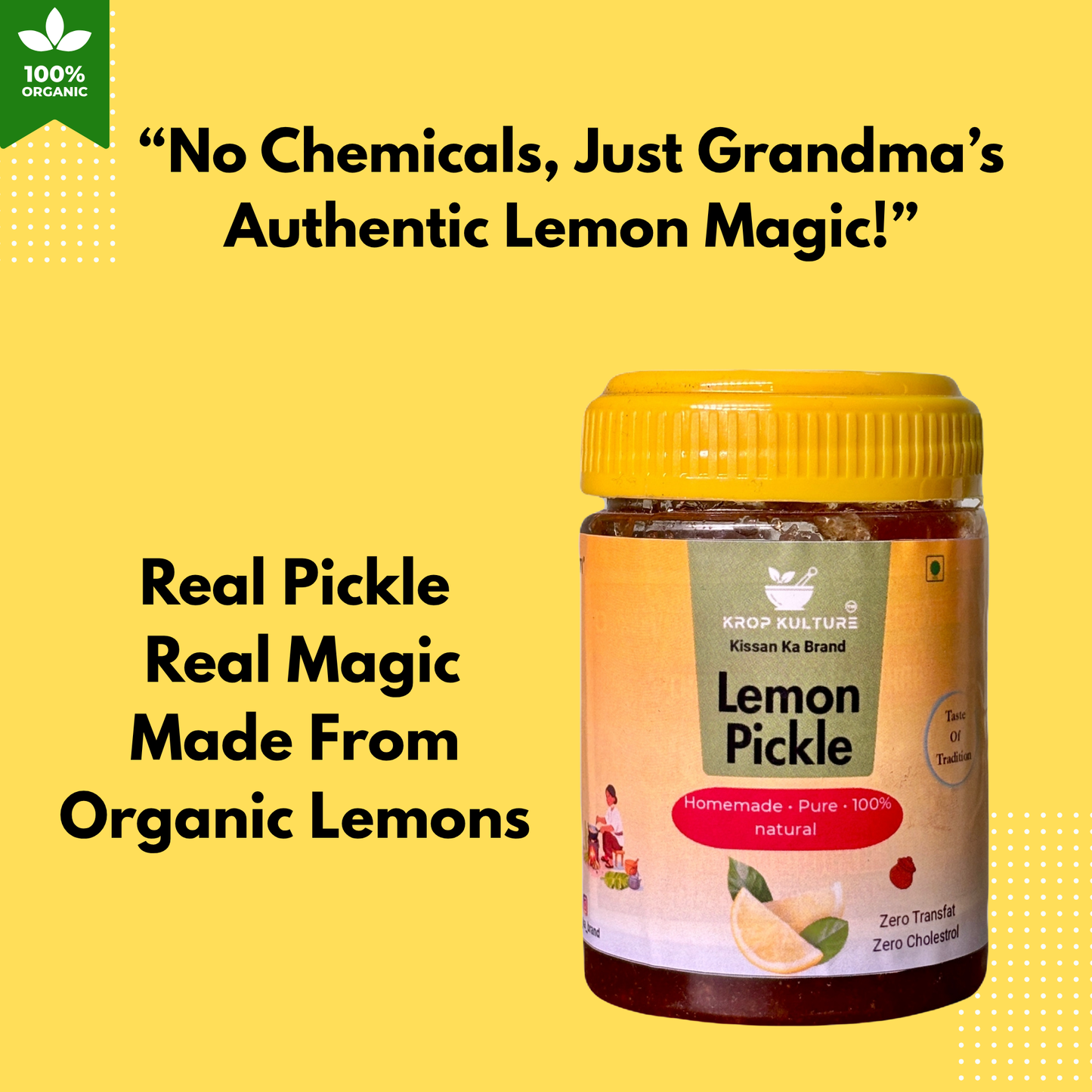 Krop Kulture Organic Lemon Pickle Healthy and Tasty Nimbu Achar 250gm (Pack Of 2 = 500gm)