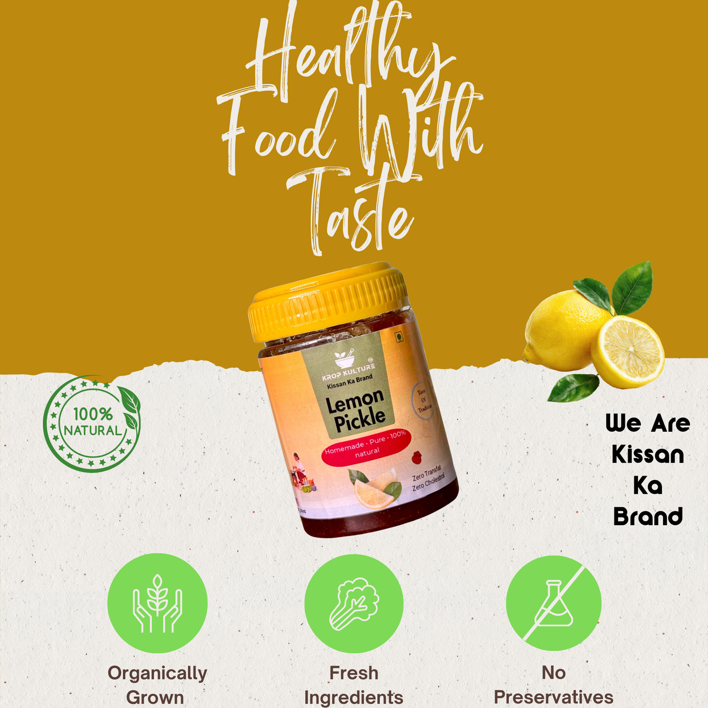 Krop Kulture Organic Lemon Pickle Healthy and Tasty Nimbu Achar 250gm (Pack Of 2 = 500gm)