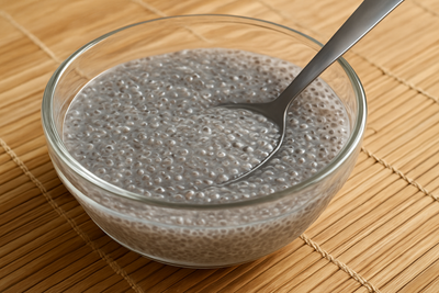 A bowl of soaked chia seeds in water (gel form) with a spoon, placed on a natural bamboo mat.