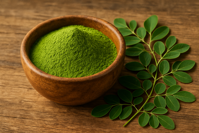 A rustic wooden bowl filled with bright green moringa powder, with fresh moringa leaves beside it on a wooden table. 