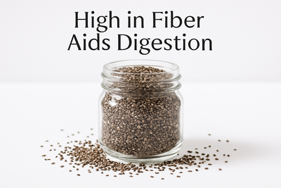Glass jar filled with chia seeds with some spilled around on a clean white surface. Text overlay: "High in Fiber • Aids Digestion"